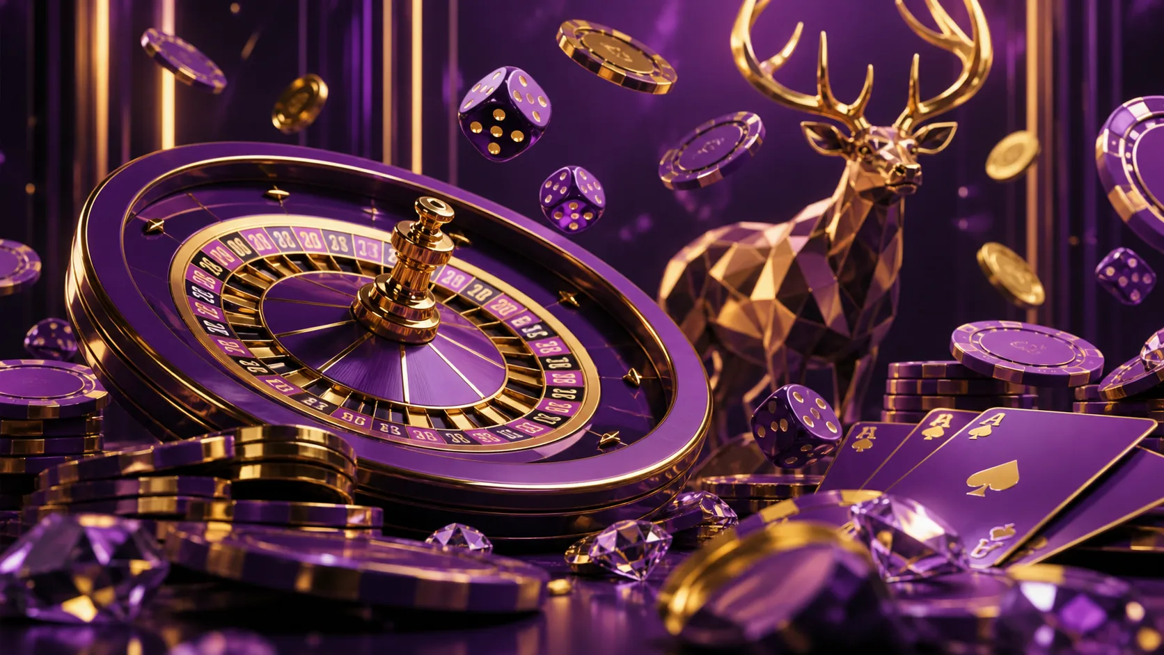 Stunning luxury casino-themed hero banner featuring dynamic poker chips and playing cards in elegant art-deco style.
